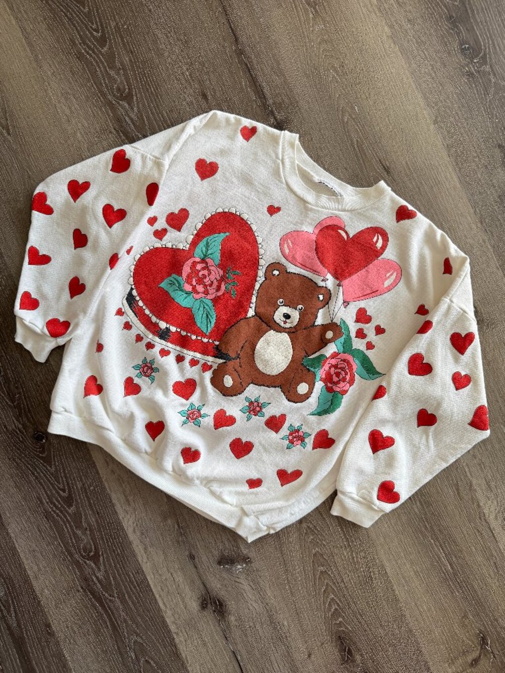 Vintage 80s Teddy Bear Valentine Sweatshirt Hearts Balloons Grandmacore Coquette